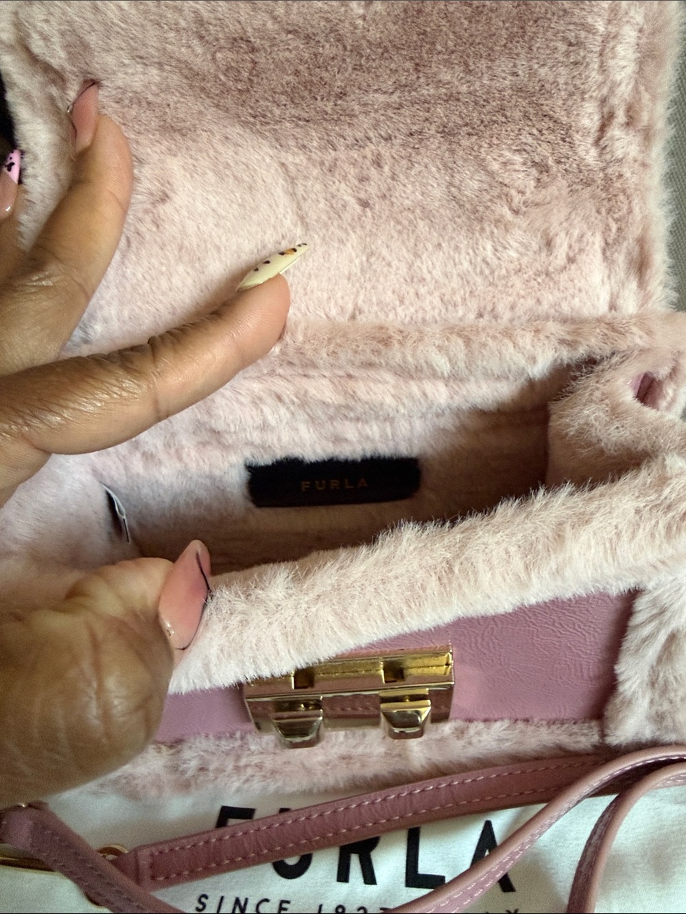 Furla Pink Faux Fur Trim Satchel - Picture 10 of 10